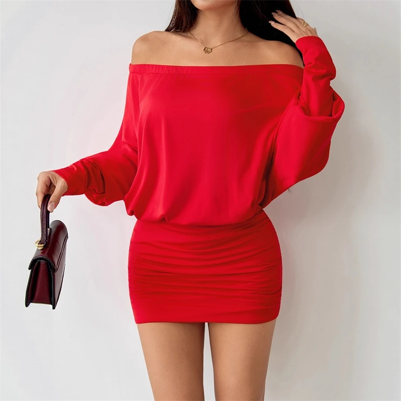 Herfst Winter Party Date Outfit Voor Vrouwen Verjaardagscadeau Schouder Sexy Bodycon Jurk Lange Mouw Effen Mini Elegant Chic