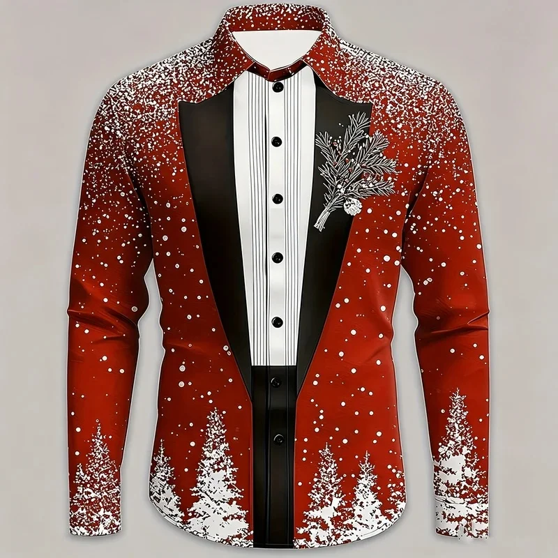 Christmas-themed reddish-brown snow scene print shirt for men, faux suit collar, long sleeves, loose-fitting holiday top.