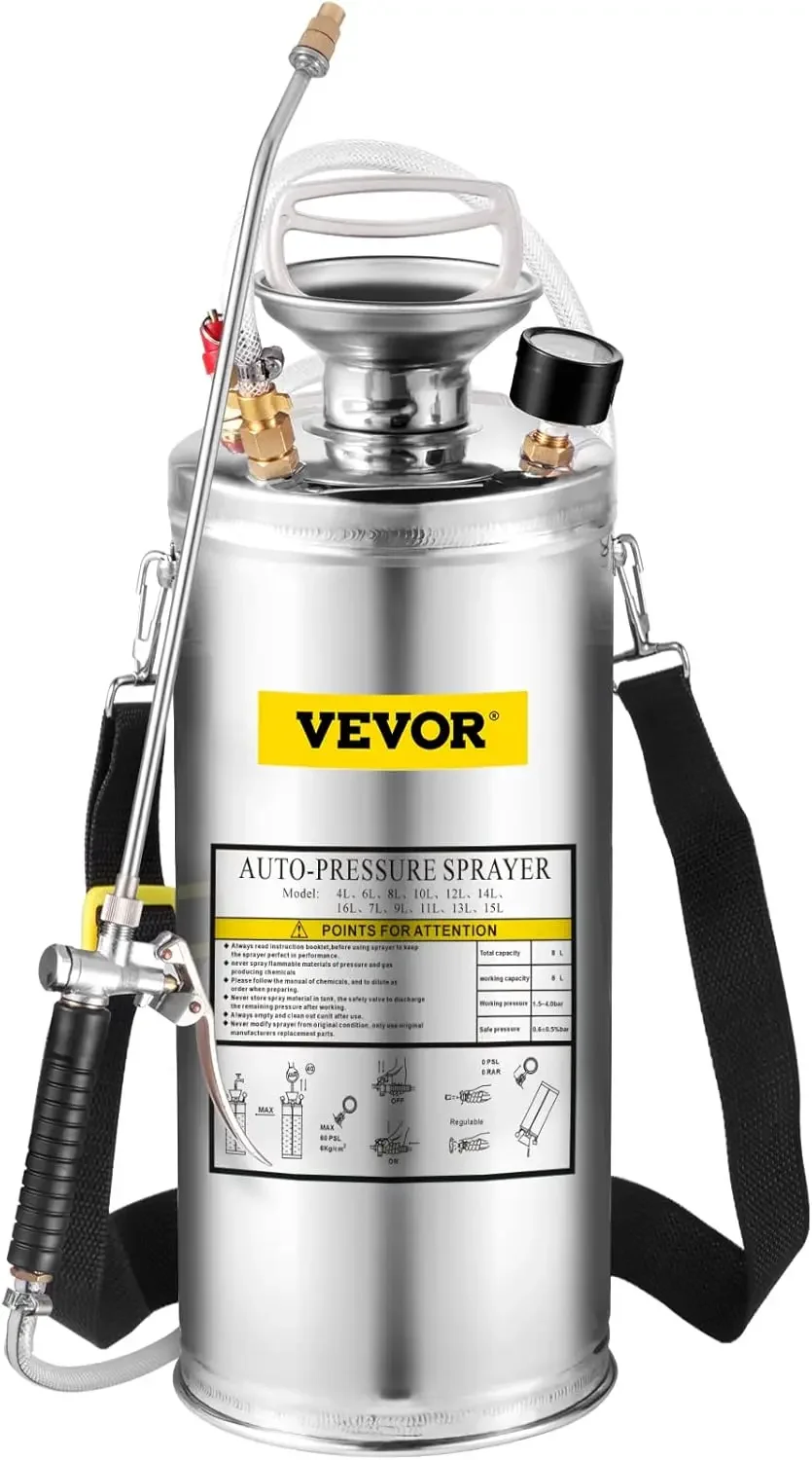 

2 Gallon Stainless Steel Sprayer, 20" Wand & 3FT Reinforced Hose with Pressure Gauge, Safety Valve & Adjustable Nozzle