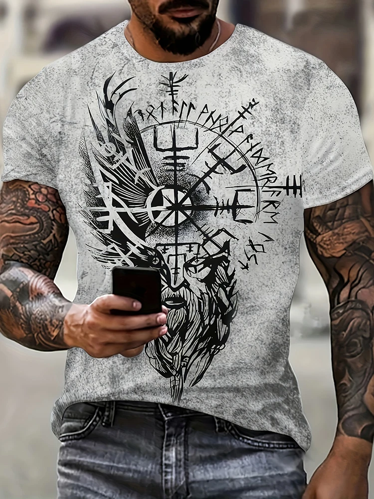 

Nordic Mythology Style 3D Viking-themed Printed Men's Short-sleeved Tops Sport Fitness Mens T-shirt Retro Ethnic Fashion T-shirt