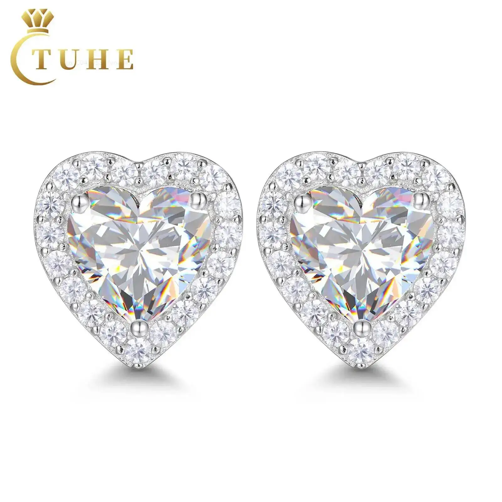 

Wedding Jewelry Bridal Gift White Gold 925 Sterling Silver Heart Cut VVS Moissanite Diamond Stud Earrings for Women Valentines