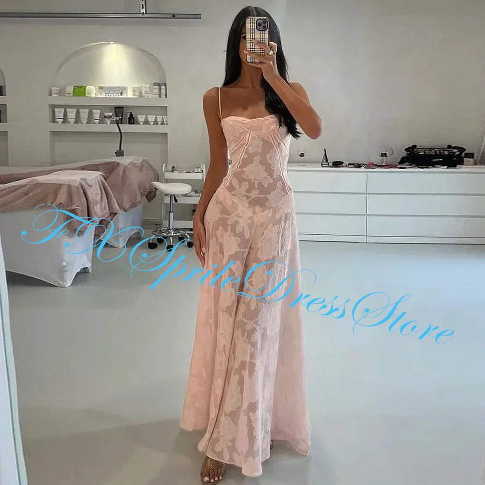 Pizzo rosa dritto spalline senza maniche collo quadrato abito da sera eleganti pieghe fiori Arabia saudita lunghezza caviglia