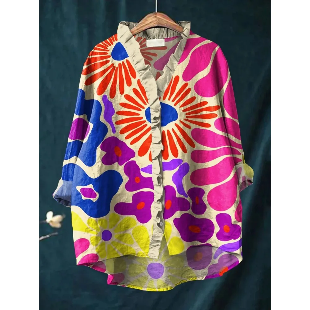 قميص حلو عتيق مع ياقة مكشكشة مثير للنساء بلوزة بوهيمية اللون وردي مُزينة بالزهور كريب فقاعي فضفاض مناسب بلوزة غير رسمية #2