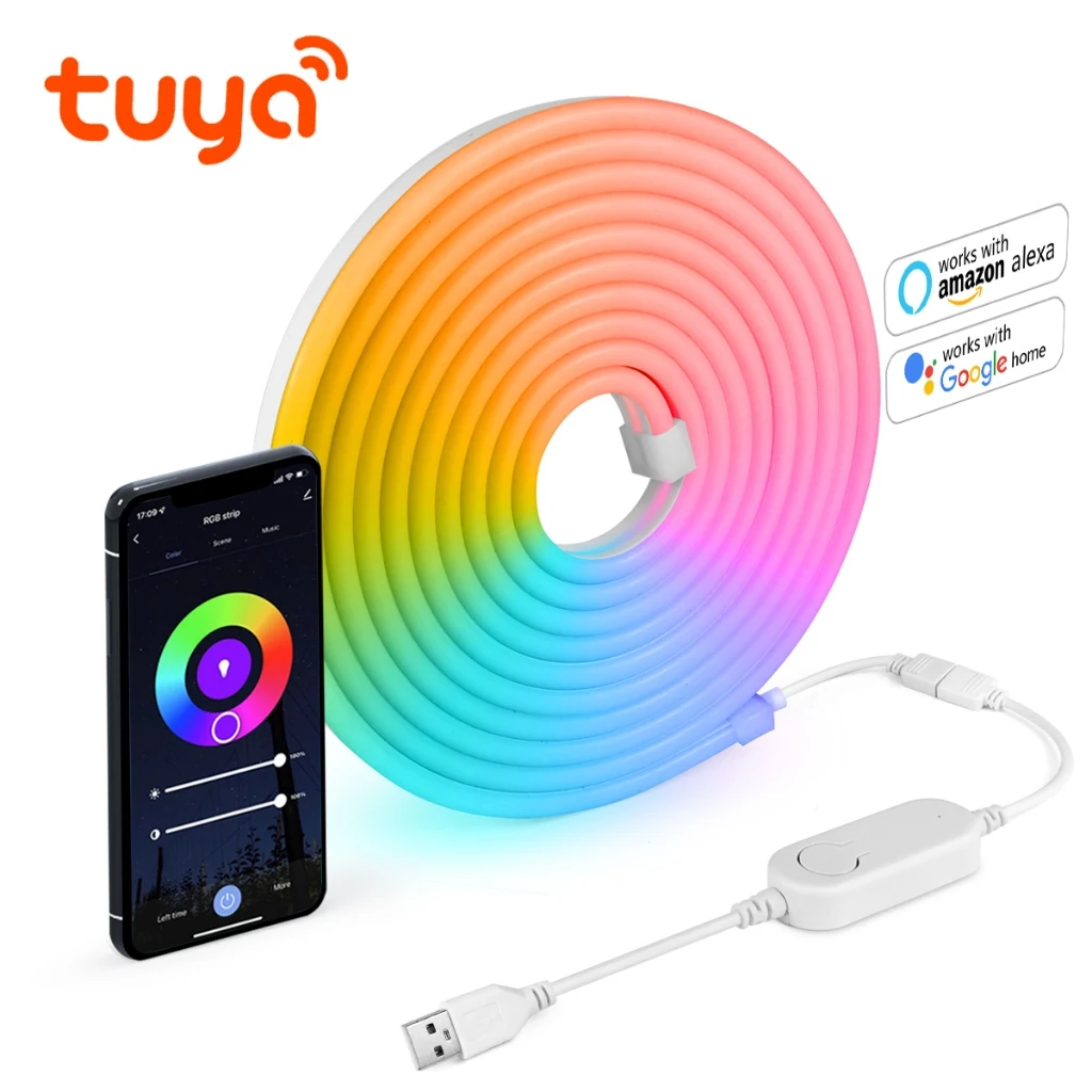 

Tuya Smart Life WiFi LED Neon Light Strip USB 5V LED Strip RGB Neon Sign Tape Decoration Alexa Google Home Silica Gel With Clips