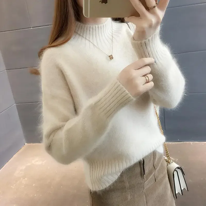 

Women's Autumn and Winter Loose Fitting Pullover Thick Knit Base Sweater Chic Tops Mink Fur Round Neck Long Sleeved Sweater