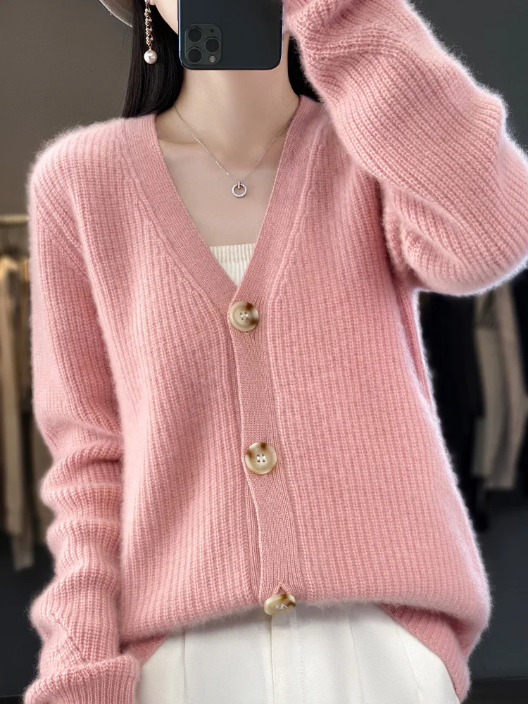 

Autumn Winter V-neck Buttoned Cardigan For Women 100% Merino Wool High Quality Casual Solid Cashmere Sweater Female Clothing