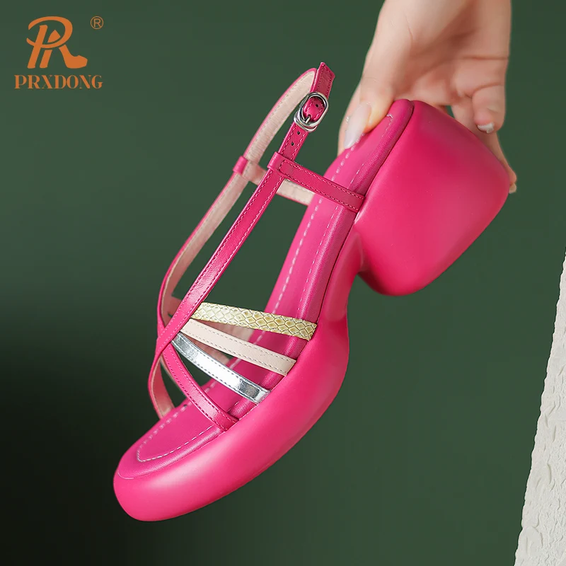 PRXDONG New Arrival Genuine Leather Chunky High Heel Platform Yellow Rose Red Summer Dress Party Casual Lady Shoes Woman Sandals