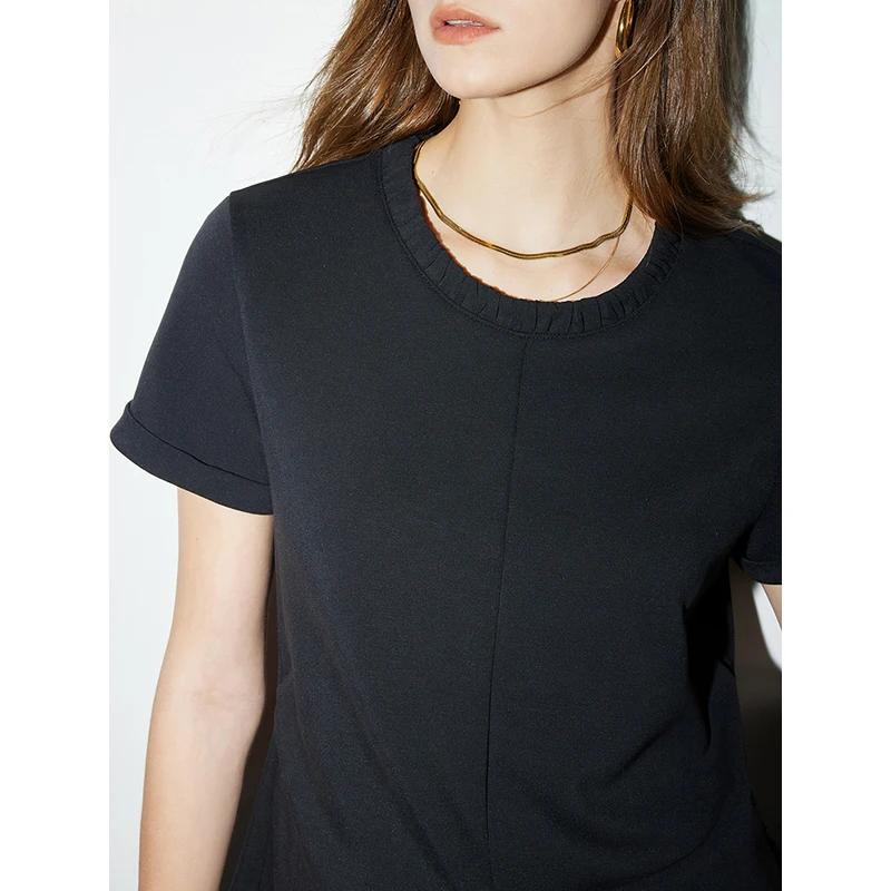 TOYOUTH Women T shirt 2024 Spring New Split Hem O Neck Slim Sexy Tees Diagonal Buckle Design Short Sleeve Tee Tops Black