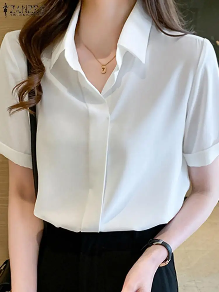 ZANZEA Summer Fashion Women Blouse Casual Solid Work OL Shirt Half Sleeve Lapel Neck Button Tunic Tops Blusas Femme Chemise