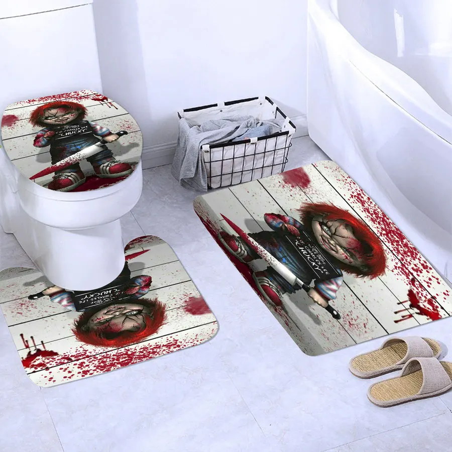 3D Print  Funny Chucky Shower Curtain Waterproof Bathroom Curtain Anti-slip Bath Mat Set Toilet Rugs Carpet Home Decor