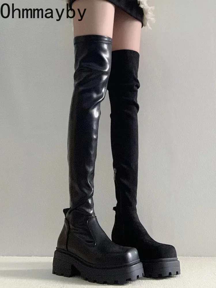 Stretch Slim Women Over the Knee High Boots Fashion Soft Leather Shoes Autumn Winter Thick Heel Ladies Knight Long Booties