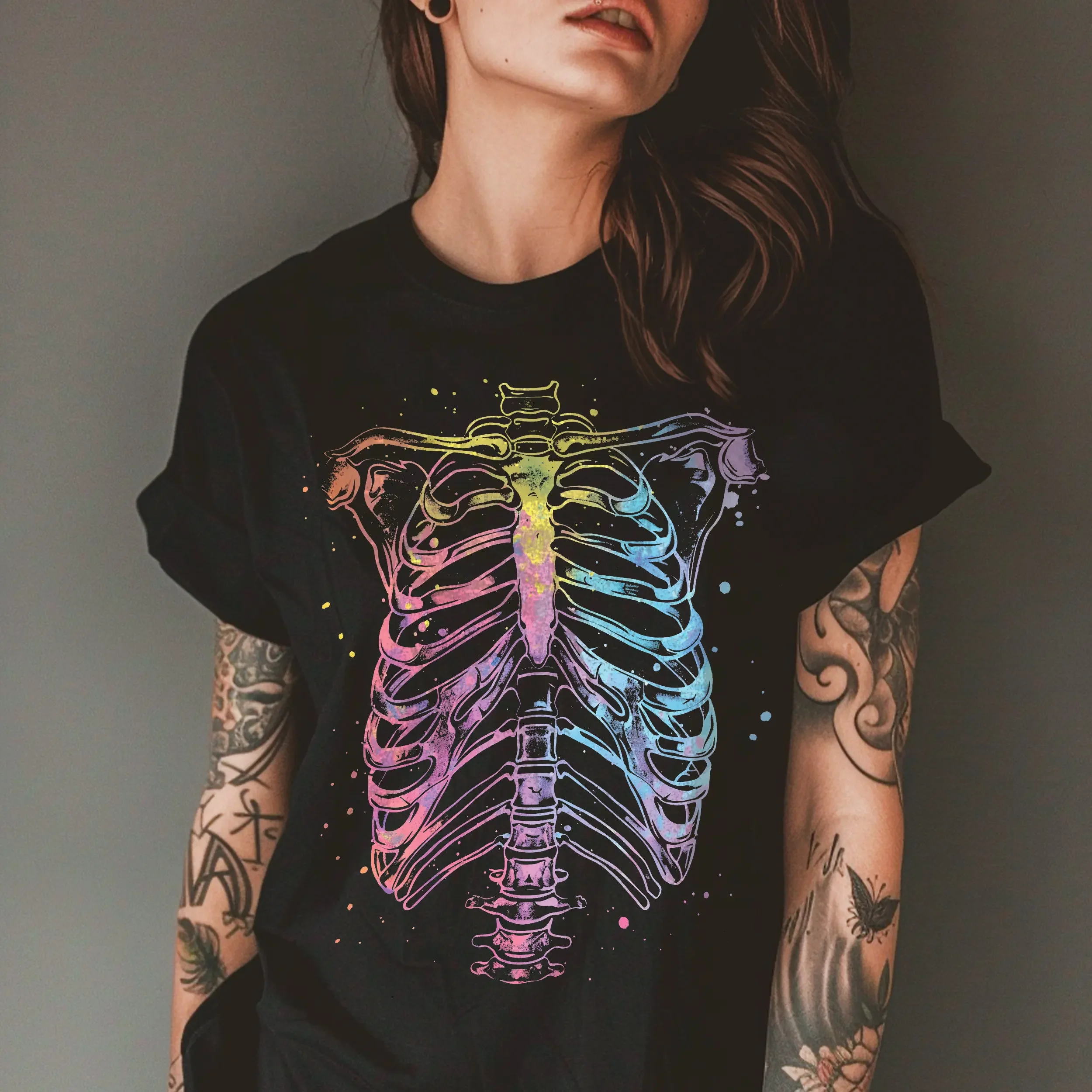 Pastel Goth Ribcage Soft Grunge T Shirt Scenecore Appeal Alternative Clothing Skeleton Body Creepy Cute Top Alt Clothes s