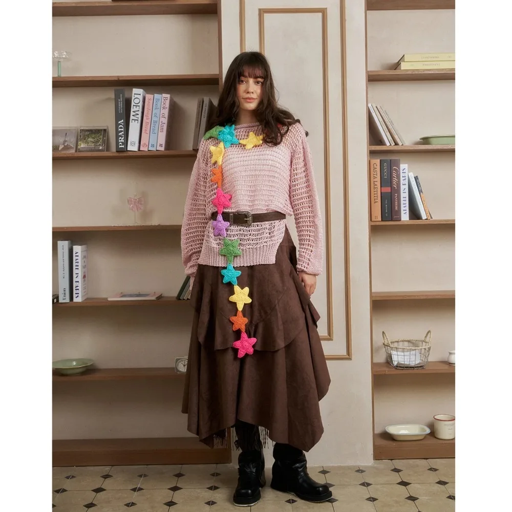 

Милый нейлоновый шарф со звездами и двойным слоем декоративных элементов ручной работы, милый воротник-шарф со звездами для весны и осени