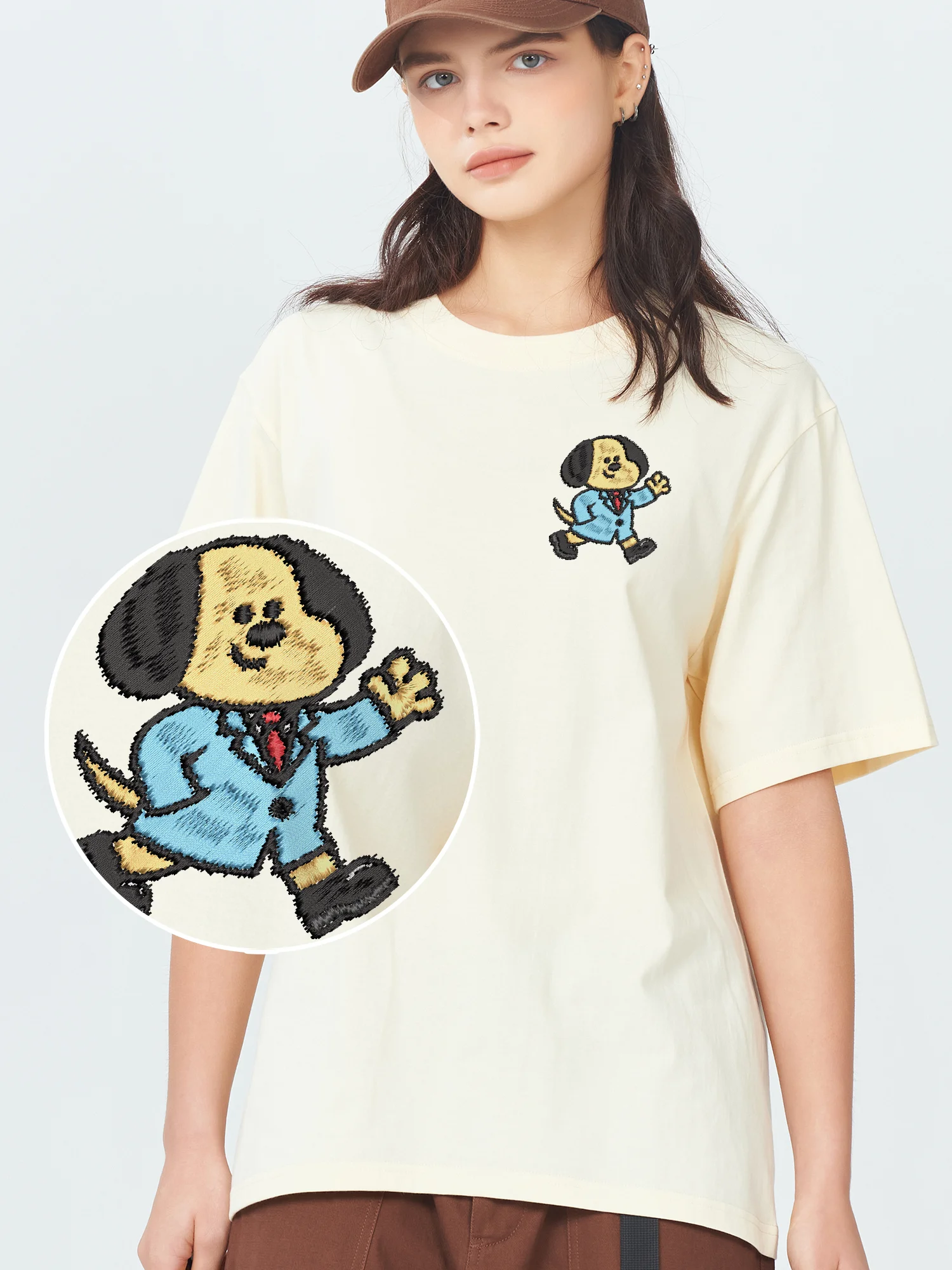 Wearing Suit Dog Embroidered Cotton Tee Unisex Soft Breathable Comfortable Embroidery T Shirts For Men Women Gift Idea