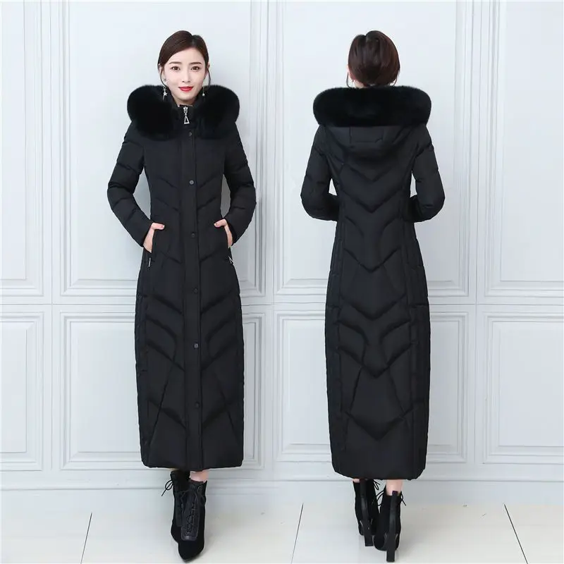 2026 High-quality Overlength Down Jacket Women's Winter White Duck Down Coat Thicken Warm Parkas Hooded Fur-collar Slim Overcoat