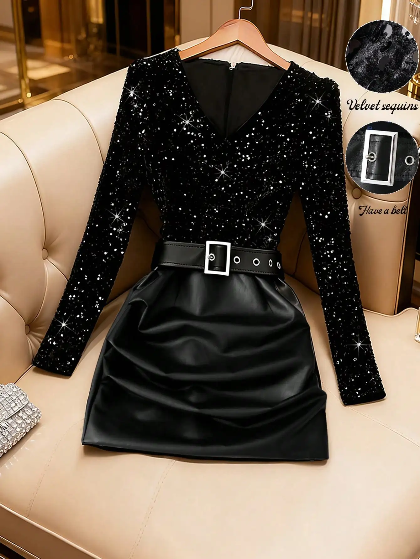 

Black Velvet Sequin & Faux Leather Patchwork Ruched V-Neck Bodycon Dress with Belt