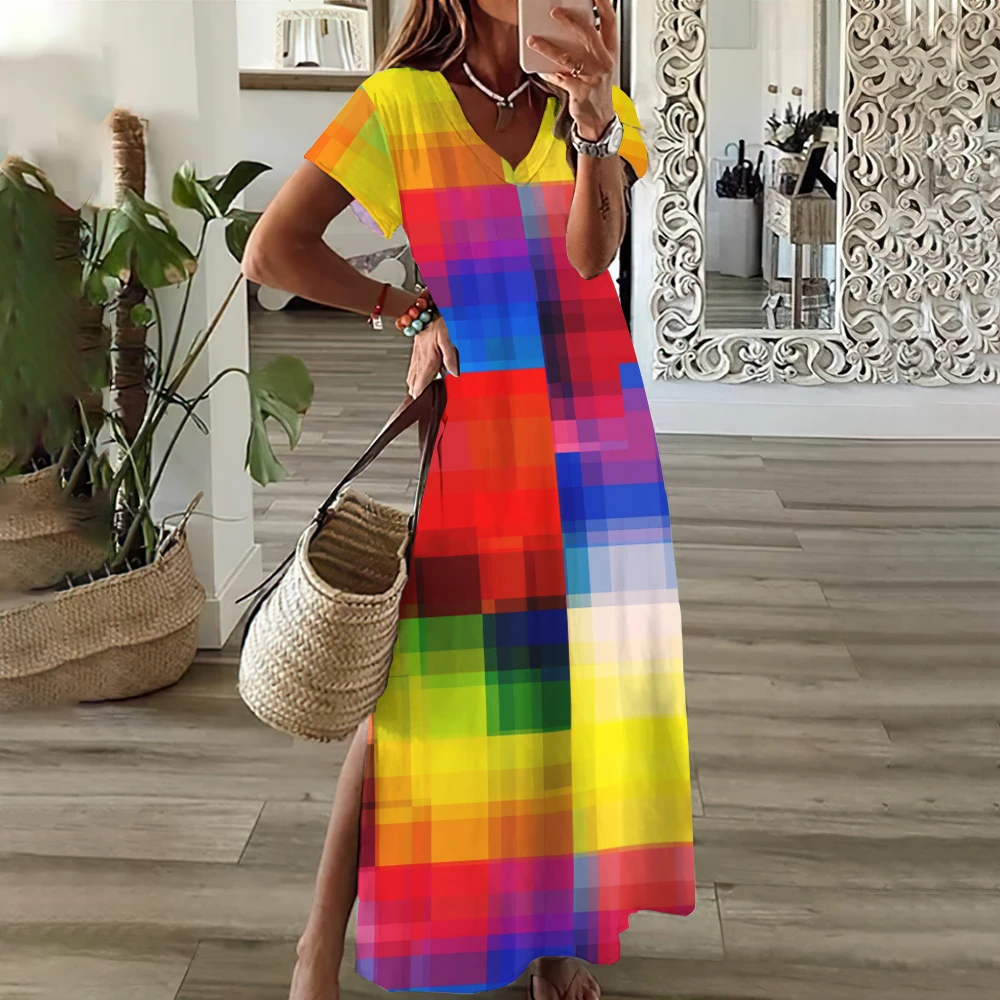 Women\'s Casual Dress Geometric Stripe Split Print V-Neck Long Dress Loose Streetwear Summer Holiday Short Sleeve Women Dresses