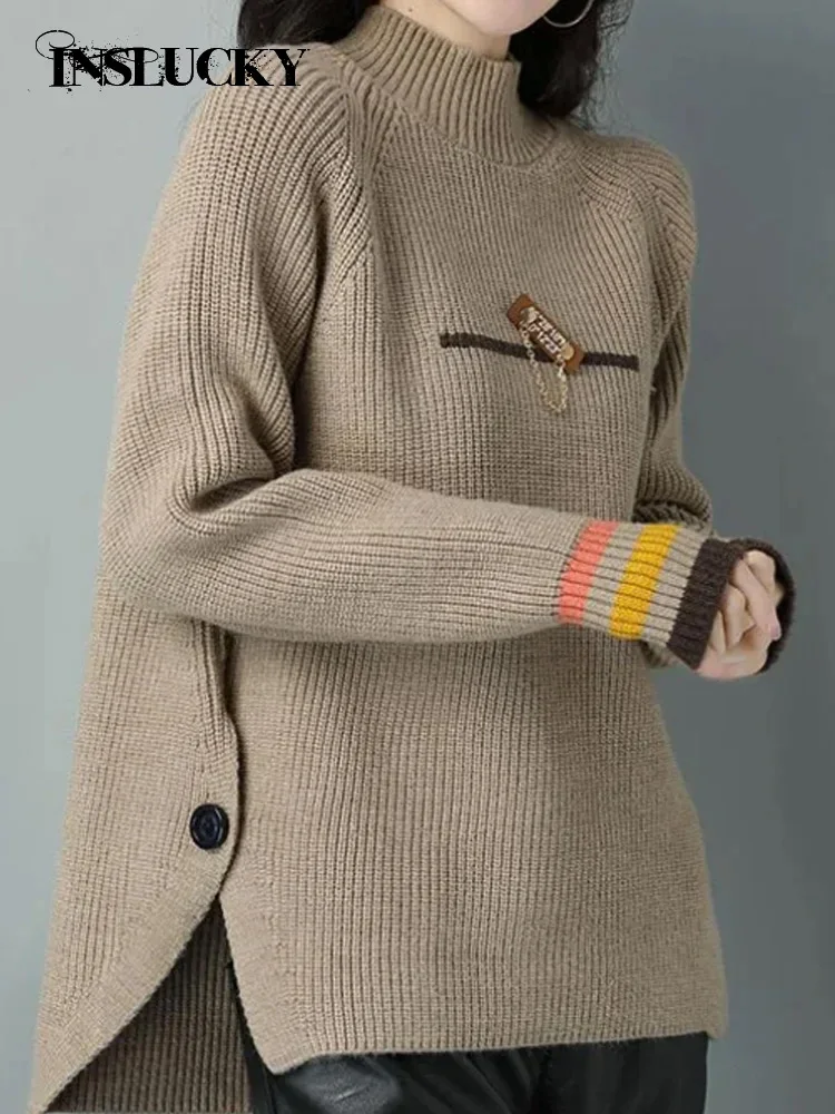 InsLucky Autumn Winter Sweater For Female Mock Neck Long Sleeve Splice Buttons Loose Pullover Letter Pink Chic Women's Clothing