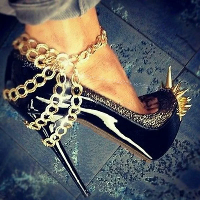 

Gold Chain Spikes Black Round Toe Shallow Platform Pumps Slip On Women Shoes Thin High Heels Sexy Party 2025 Zapatos Para Mujere