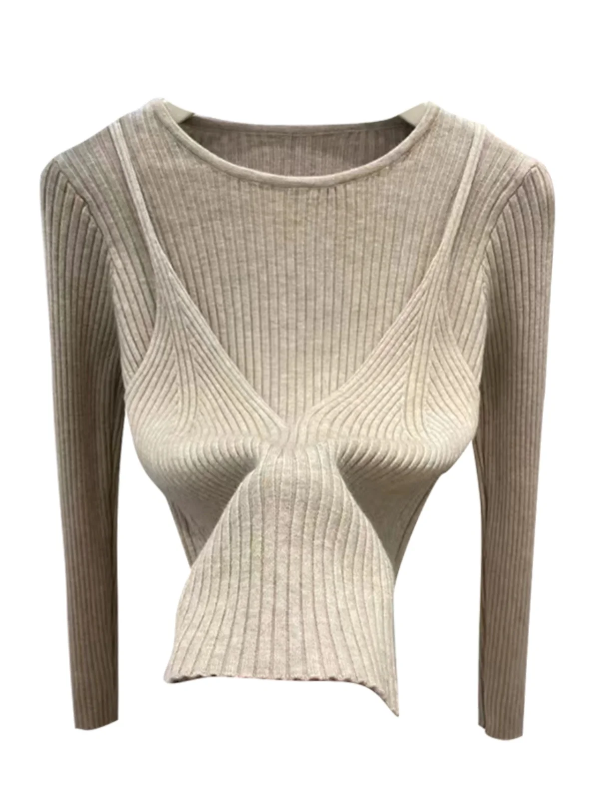 تي شيرت نسائي بتصميم ريترو يحاكي القطعتين، ملابس محبوكة ضيقة، قميص أساسي، سترة للربيع والخريف والشتاء، مناسب للعمل