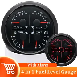 85mm Oil Pressure Water Temperature VOLT Fuel Gauge With Flashing Alarm Light 0-190/240-33ohm 4 In 1 Meter For Car Boat 12/24V