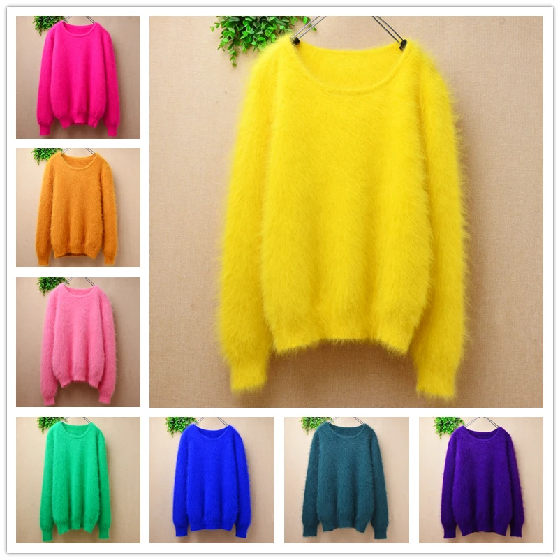 

High Quality Broken Sizes Ladies Women Colored Hairy Mink Cashmere Knitted O-Neck Slim Blouses Pullover Angora Fur Sweater Pull