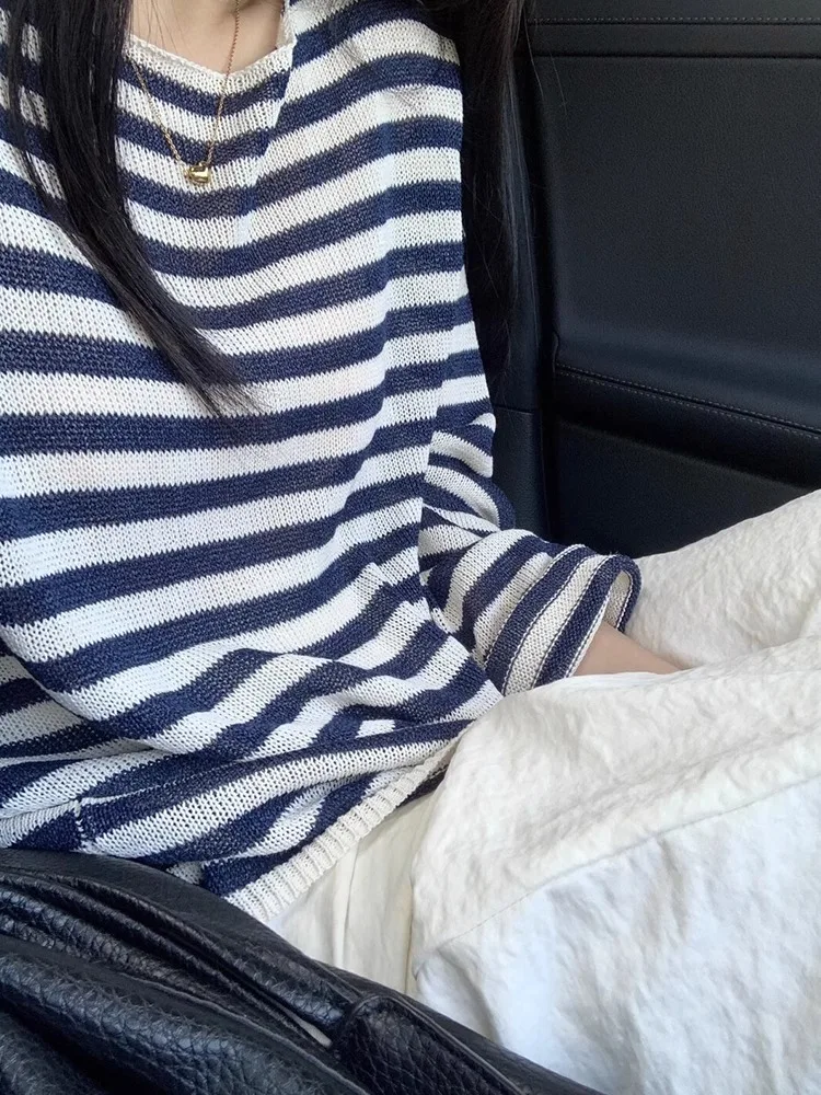 Chic Korean Striped Ice Silk Knitted Long Sleeve T-Shirt Women's Summer Outerwear Thin Shirt Air Conditioner Cover up