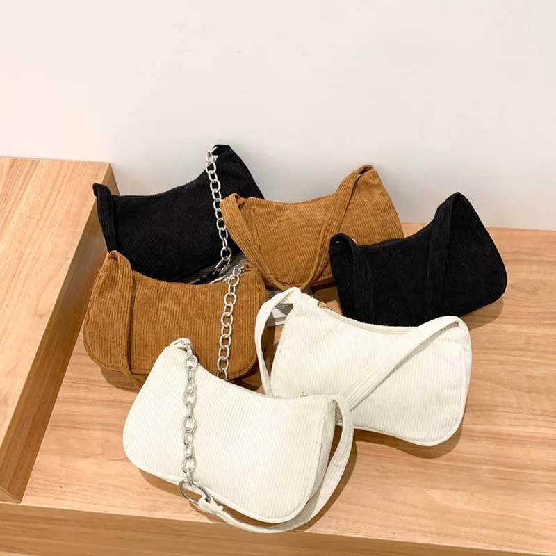 Fashion Vintage Corduroy Women Handbags Underarm Bag Casual Shoulder Bags Solid Color Zipper Female Handbag Clutch Chain Bag