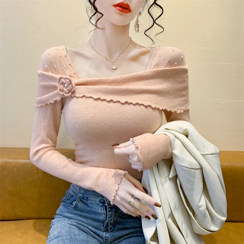 

2025,New,European,Clothes,Knitted,Sweater,Women,Chic,Sexy,Off shoulder,Shiny,Beading,3D Flower,Tops,Long Sleeve,Pullover,412123