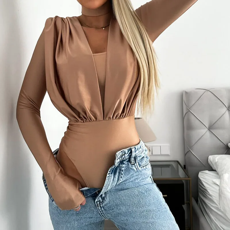 Women Fashion Solid Bodysuit Rompers Summer Elegant Long Sleeve Slim Jumpsuits Ladies Sexy Commuter All-match Pleated Playsuits