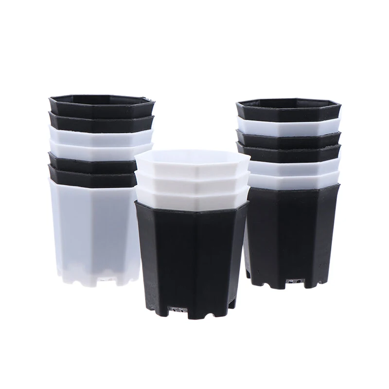 

10Pcs Mini Simple Octagonal Flowerpot Black White Plastic Solid Small Seedling Pot Desktop Succulent Breathable Pot Decoration