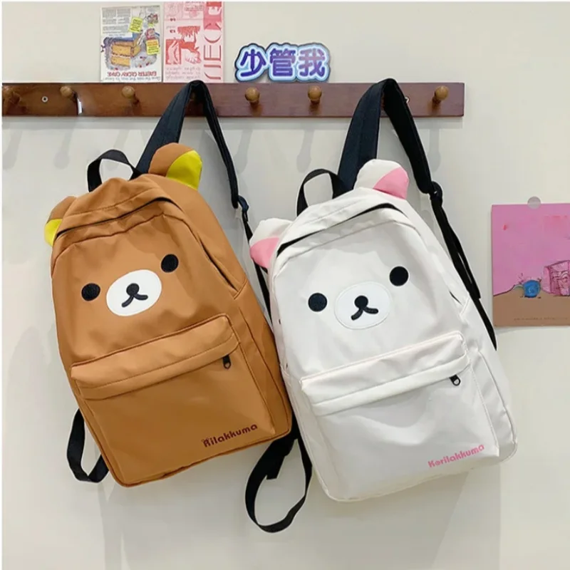 Sac à dos Rilakkumas de dessin animé Kawaii, sac à dos en Nylon imperméable avec broderie Korilakkuma, sac d'école pratique et mignon de grande capacité