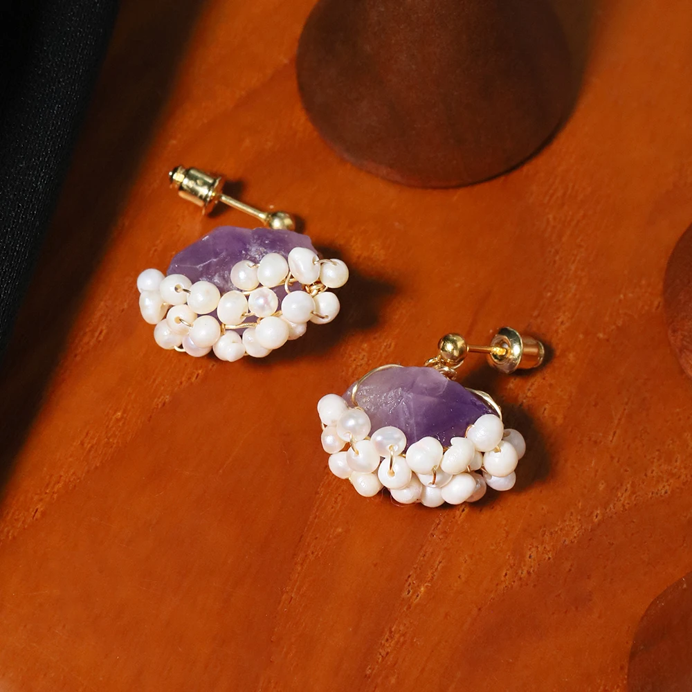 Natural Freshwater Pearl Amethyst Edging Earrings Korean Style Women Luxury Jewelry Fashion Ladies and Girls Gift GE1589