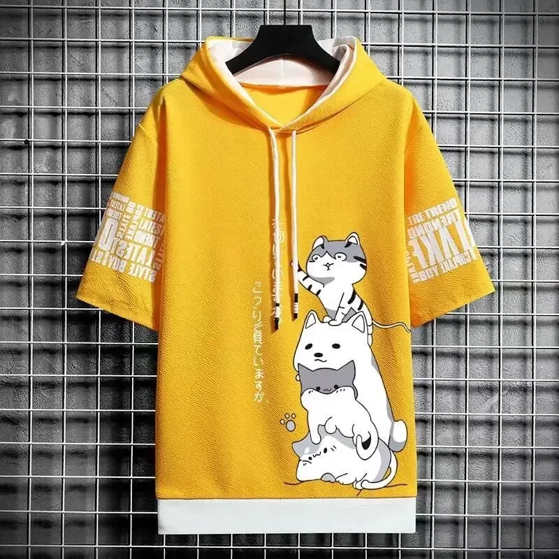 Japan Fashion Men's Hoodies Summer Men Clothing Cartoon Short Sleeve Sweatshirts Men Casual Harajuku Streetwear Print Hooded Top