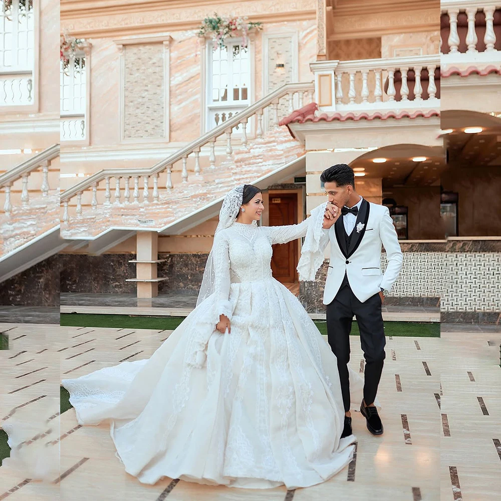 

Church Weding Dresses High Neck Flare Sleeves A-Line Bride Dress with Appliques Draped Sweep Train Modest Bridal Gown Customized