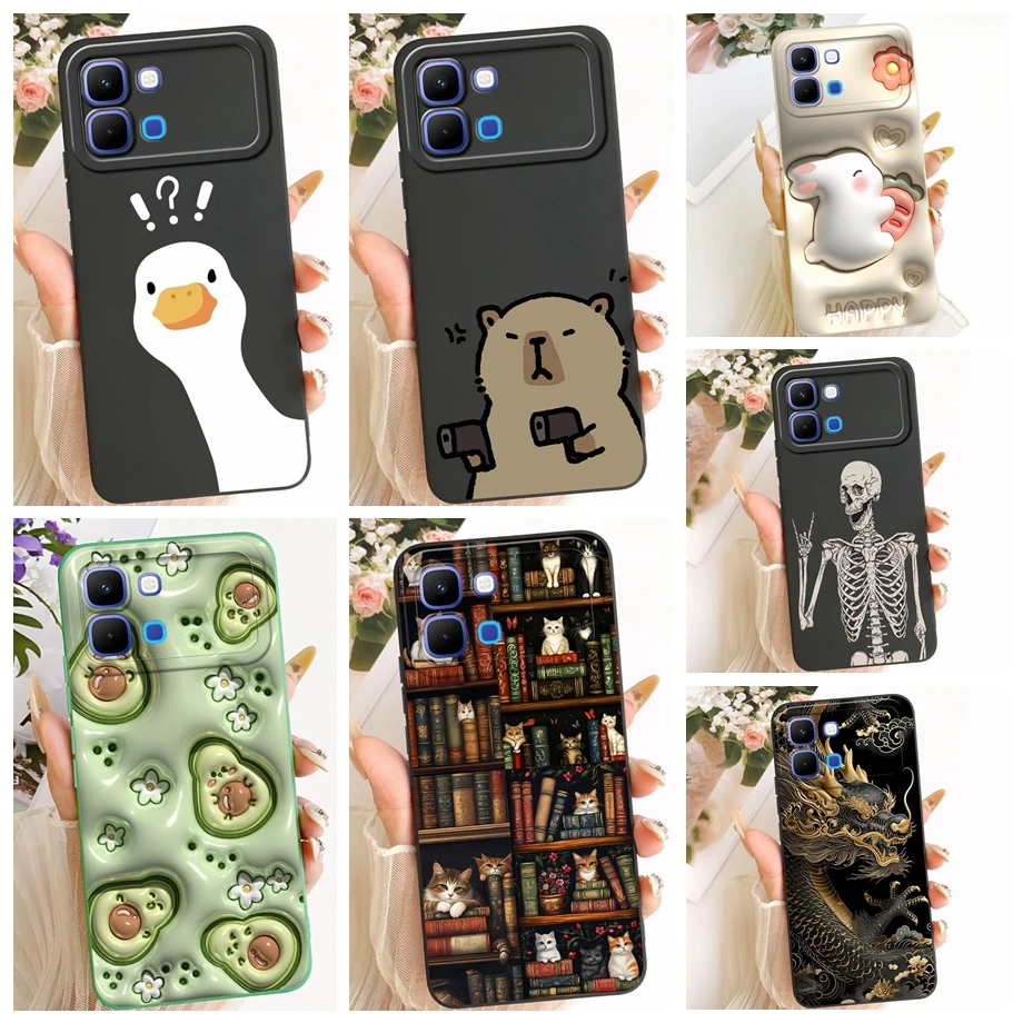 Soft Liquid Silicone Phone Case For Infinix Edge Note 5G Funda Black Cat Cartoon Dragon Animals Pattern Bumper For Infinix X6887
