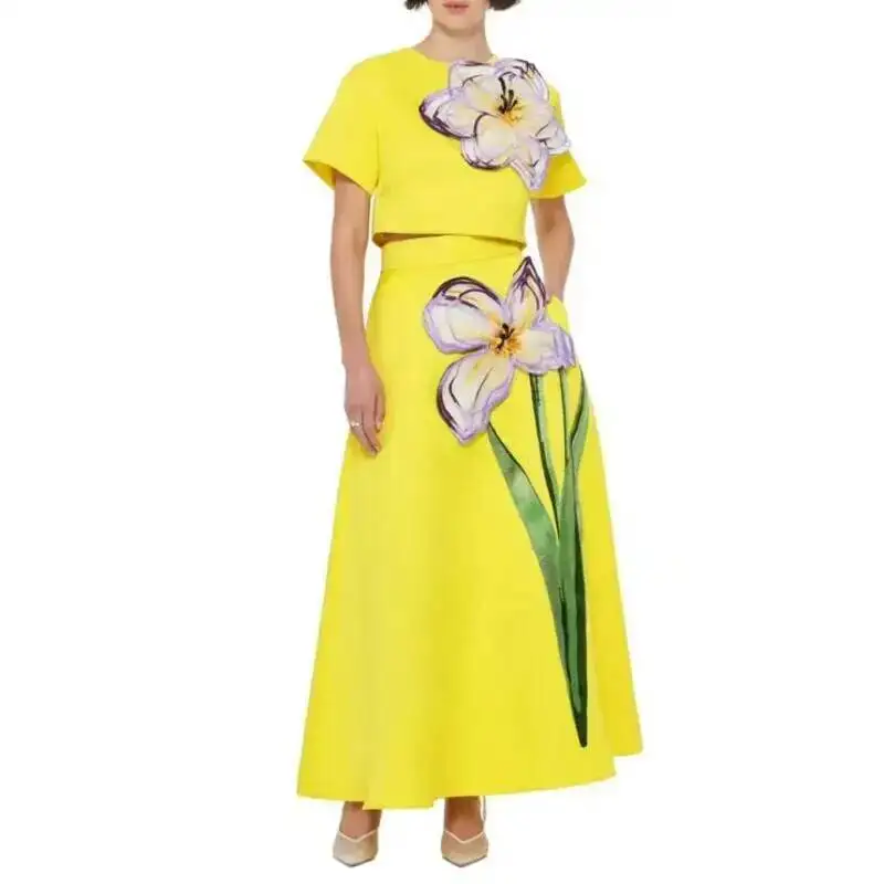 Fashion Print 2 Piece Set Women's Round Neck Short Sleeve Tops High Waist Skirt 2026 Summer New QF8M