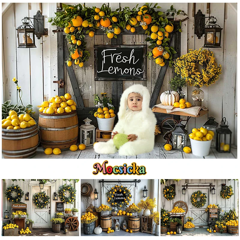 Mocsicka Photography Background Summer Lemon Fruit Barn Door Kids Birthday Party Cake Smash Portrait Decor Backdrop Photo Studio