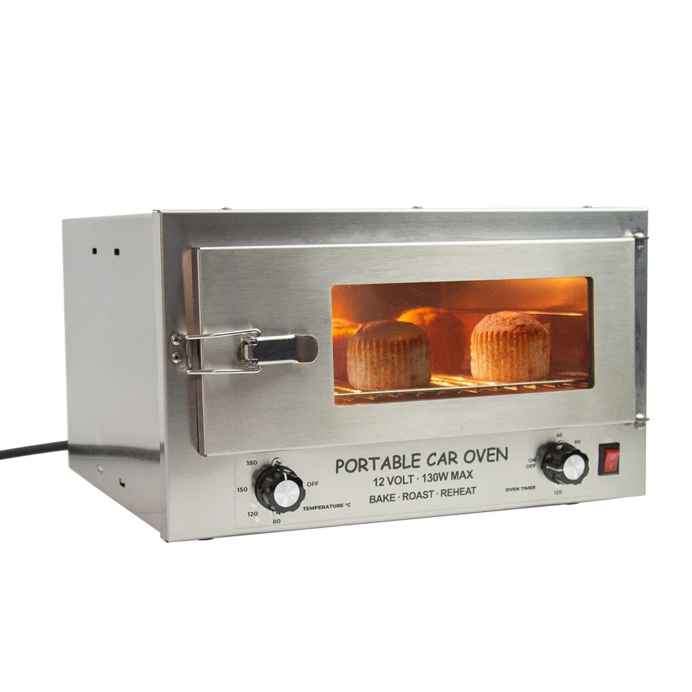 12V Mini Toaster Oven Portable Stainless Steel for RV Car Outdoor Cooking with Warm Timer Function