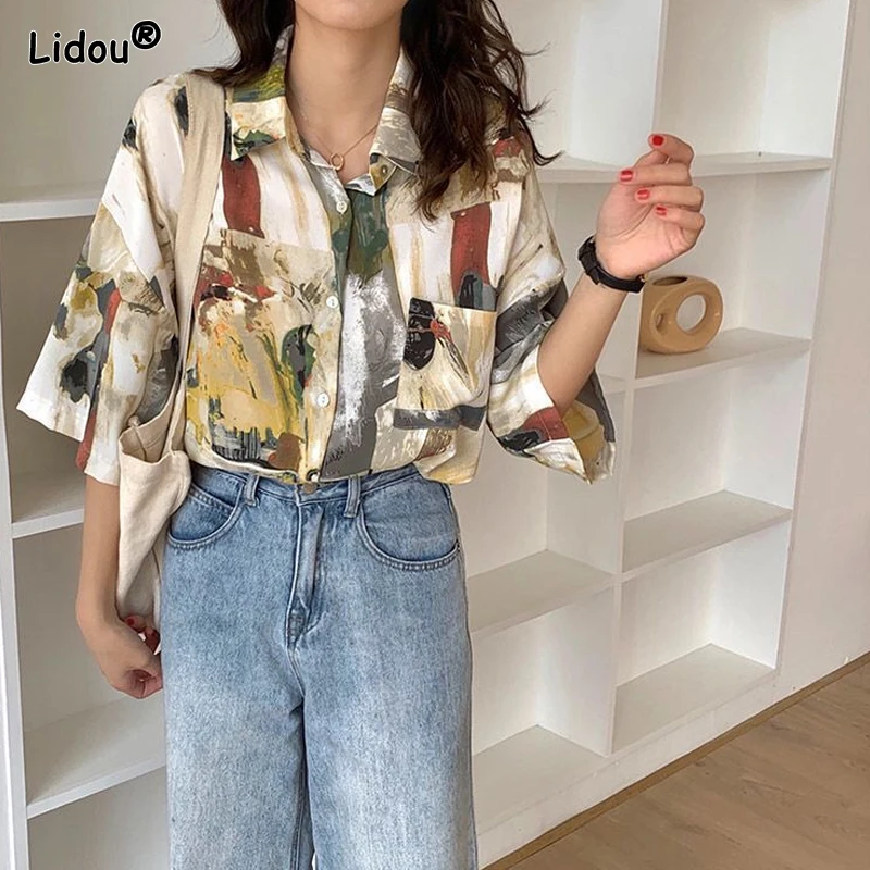 Korean Thin Summer 2023 Women\'s Clothing Fashion Casual Loose Printing Button Short Sleeve Blouses Turn-down Collar Straight