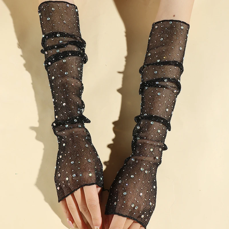 

1 Pair Women Summer Outdoor Sun Protection Oversleeve Ice Silk Rhinestone Decorative Stringy Selvedge Uv Resistant Ice Sleeves