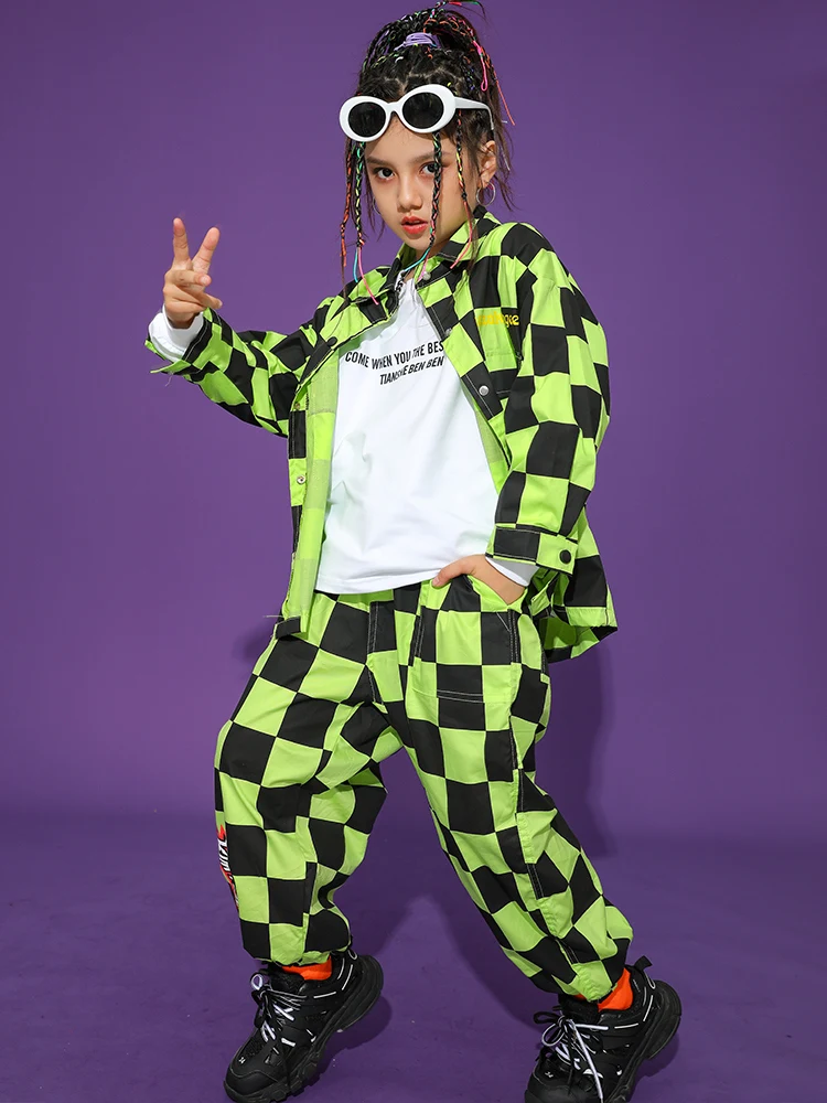 Fashion Kids Costume Green Checked Shirt Pants For Girls Jazz Dance Costume Hip Hop Clothing Boys Stage Performance Wear  BL9900