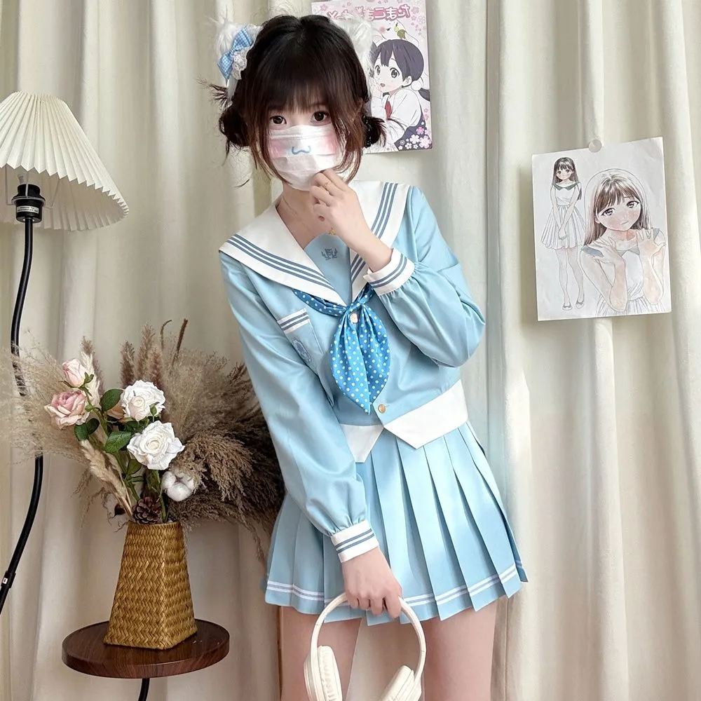 아쿠아 블루 화이트 JK 선원 복장 일본 대학 스타일 유니폼 플리츠 스커트 정장 여성용 여름 긴 소매 및 반팔