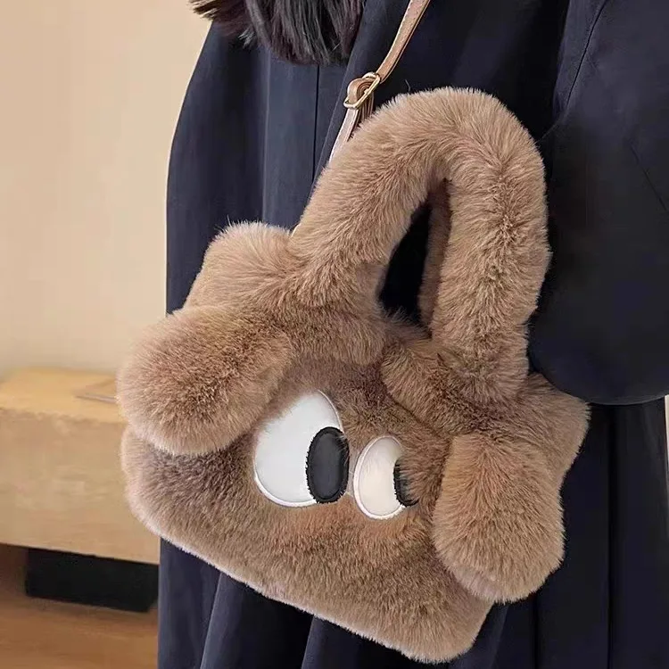 Cute Big-Eyed Plush Tote Bag Women's and Girls' Crossbody Bag Winter Soft and Fluffy Tote Bag
