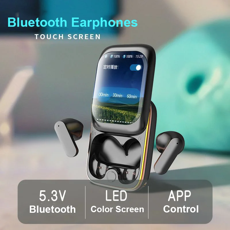 

Slide-out True Wireless Bluetooth 5.3 Earphones Full-color Touch LCD Screen Bass Gamer APP Headphones For Android IOS Phone Gift