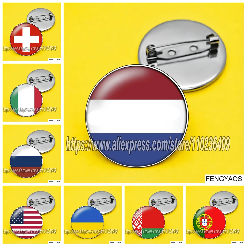 Stainless Steel Nation Flags Brooch Brazil France Portugal Spain USA Badge Glass Cabochon Flag Pins