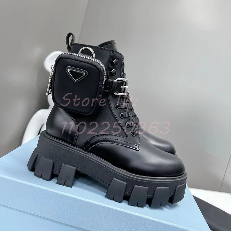 Thick Pocket Boots Round Toe Leather Punk Black Flat Solid Fashion Women Shoes Luxury Height Increasing 2024 Hot New Arrival