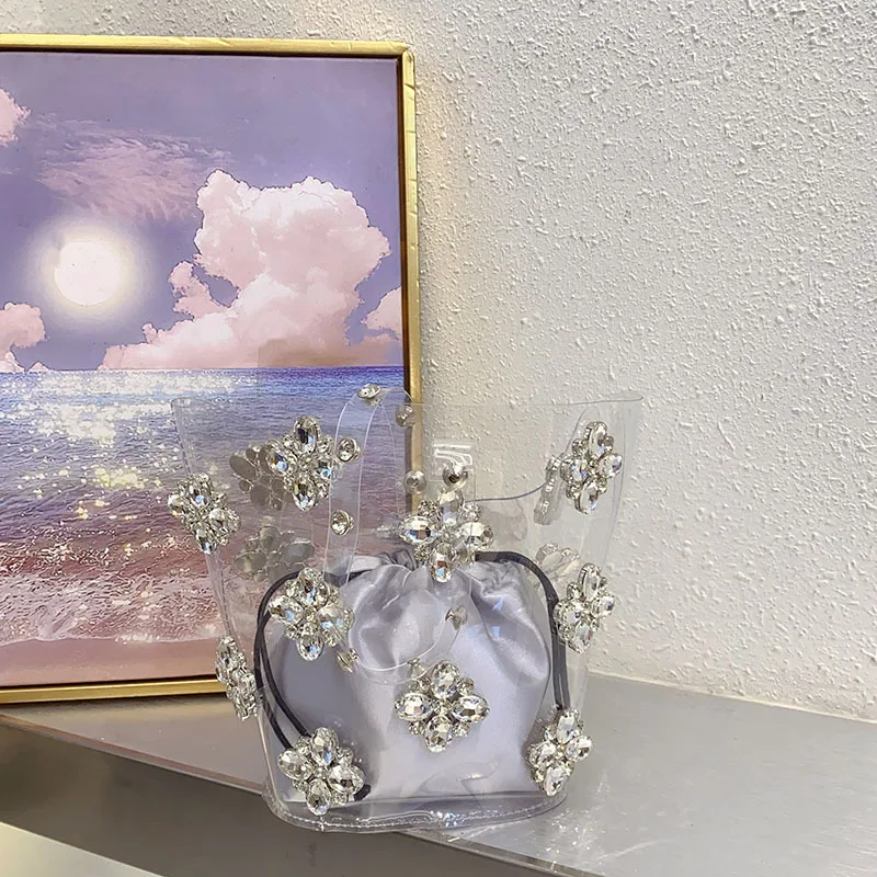 Transparent Shoulder Bag, Mother and Child Bag, Heavy Industry Diamond-Encrusted Flower Handbag, Bucket Bag.