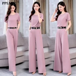 Moda coreana Wide Leg Pant Suit Elegante Chiffon Solid 2 Piece Set Mulheres Outfit Casual Manga Curta Cinto Top E Calças Conjuntos