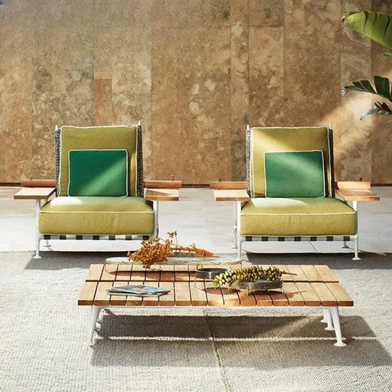 Outdoor Solid Wood Sofa Teak Rattan Garden Chair Balcony Living Room Courtyard Leisure Furniture